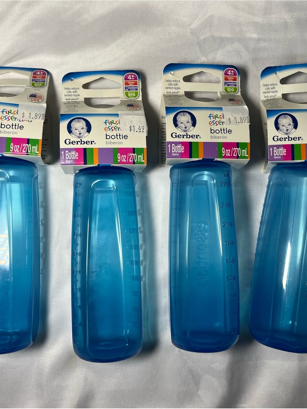 4 Gerber First Essentials Baby Bottles 9oz Blue Medium Flow 4+ M Latex NEW